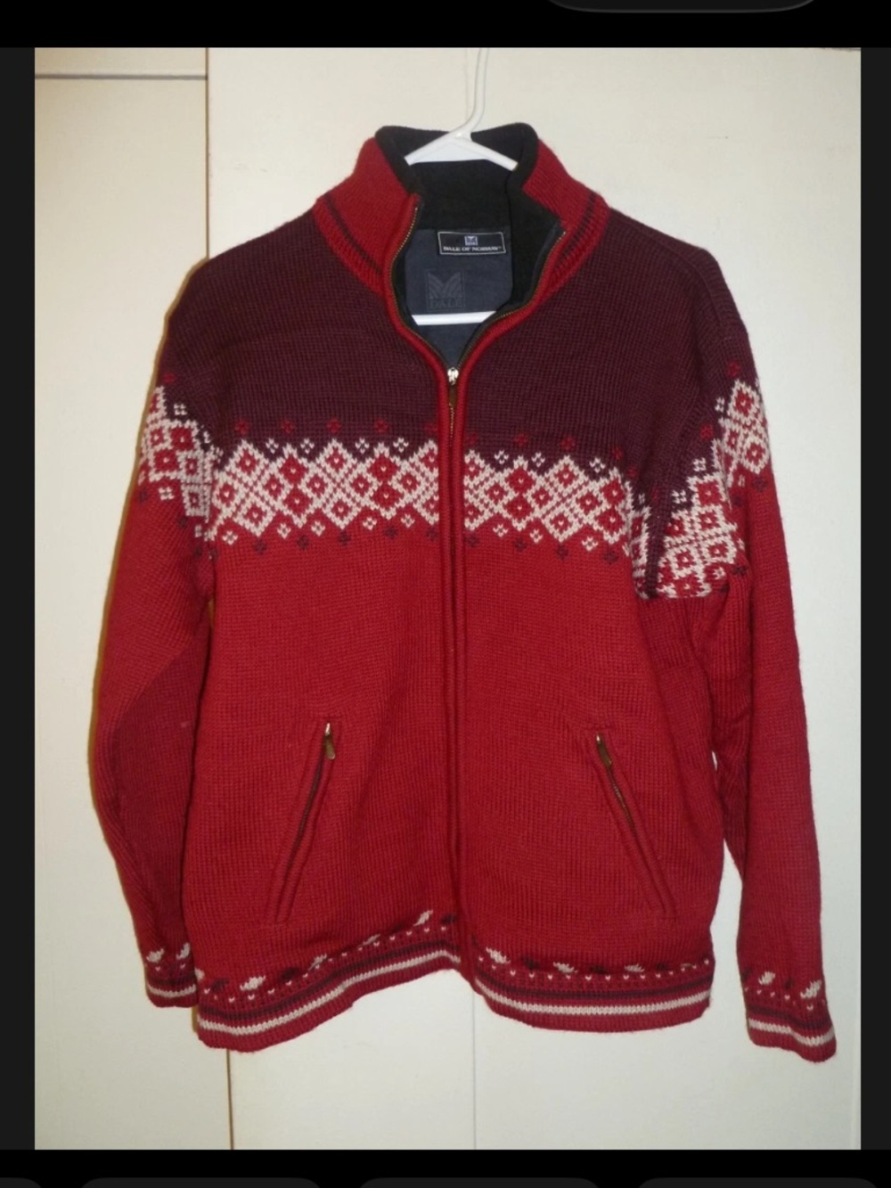 Dale of Norway Red & White Fair Isle Windstopper Full Zip Sweater, Size M